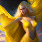 Fantasy illustration of woman with golden hair and dress against twilight sky