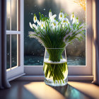 Fresh snowdrops in a vase by a river at dusk