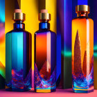 Vibrant abstract-designed perfume bottles on colorful backdrop