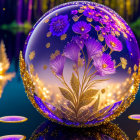 Colorful digital artwork: Translucent sphere, purple flowers, gold fern patterns