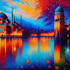 Fantasy landscape: ornate palace, domes, spires, twilight sky, lanterns