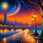 Fantastical night scene with glowing lanterns, embellished bridge, and whimsical trees