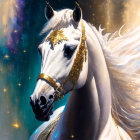 White Horse with Golden Ornaments on Celestial Background