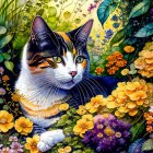 Vibrant illustration of black and white cat with orange spots among colorful flowers