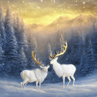 White Stag with Glowing Antlers in Snowy Forest Landscape