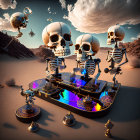 Stylized skeletons on intricate platform in desert with baobab trees