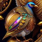 Digital Artwork: Bird with Golden Jeweled Wings on Dark Background