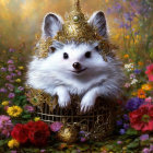 Fluffy white creature with fox-like face in golden crown emerges from cage among vibrant flowers