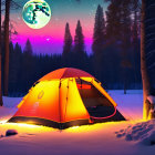 Snowy forest night scene with illuminated tent, vibrant aurora, and full moon