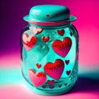 Teal Glass Jar with Heart Patterns on Pink and Purple Background