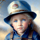 Young child with blue eyes and blonde braids in blue hat and coat, under sky and clouds.