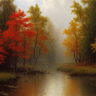 Tranquil autumn forest with red and orange trees by misty river