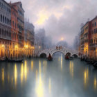 Historic buildings and gondolas on misty Venetian canal