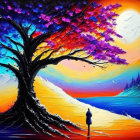 Colorful painting: lone figure under tree, sunset sky, full moon, sea