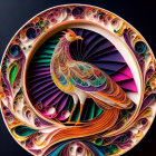 Colorful Paper Quilling Artwork: Peacock Design in Circular Frame