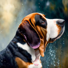 Basset Hound by water with droplets and serene backdrop