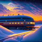 Vintage train in snowy landscape at dusk with dramatic sky and warm lights