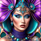 Ornate woman with blue eyes, pink headdress, jewels, and blue makeup on teal backdrop