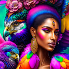 Colorful Artistic Depiction of Woman with Striking Makeup and Eagles