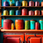 Colorful Vintage Tins Above Red Stove in Vibrant Kitchen