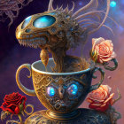 Ornate surreal teacup with red roses and mechanical elements on purple background