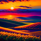 Colorful sunset over rolling hills and fields with warm sun.