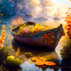 Colorful flowers in old wooden boat on serene river with autumn foliage and misty forest.