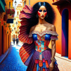 Colorful digital artwork of woman in vibrant dress in Mediterranean alleyway