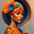 Digital artwork: Woman with radiant orange makeup, feathers, beads, and earrings on circular backdrop