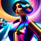 Futuristic female robot with metallic body and visor among sports cars and neon lights