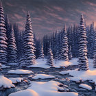 Snow-covered pine trees and icy stream in serene winter dusk scene