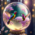 Colorful crystal ball with hummingbirds, pink blossoms, and golden accents on bokeh-lit