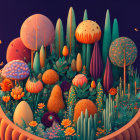 Enchanted forest with oversized mushrooms and butterflies