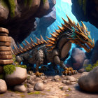 Armored dragon with gleaming scales in rocky cavern