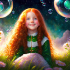 Curly Red-Haired Girl in Green Dress Surrounded by Bubbles and Wildflowers
