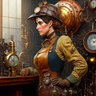 Steampunk-themed woman with goggles and helmet in vintage setting surrounded by machinery and clocks