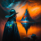 Person in wide-brimmed hat and cape at fiery sunset by serene lake with mountain peak.