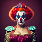 Colorful Clown in Festive Costume on Maroon Background