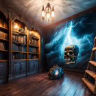 Library with glowing skulls, ladder, and stormy sky view