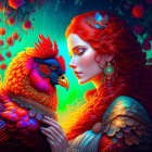 Colorful Illustration of Woman with Red Hair and Rooster in Floral Night Scene