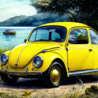 Yellow Volkswagen Beetle parked by serene lake with foggy background