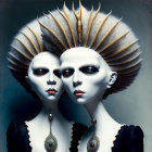 Surreal pale-faced figures with spike-crowned heads and red eyes in dark ornate attire