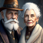 Elderly Couple in Steampunk Attire with Geared Top Hat and Elegant Jewelry