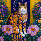 Colorful Artwork: Patterned Cat in Floral Setting