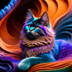 Colorful digital artwork: Majestic blue cat with purple feather-like patterns on swirling orange and blue background