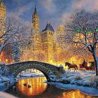 Snow-covered trees, stone bridge, and orange sky in winter scene