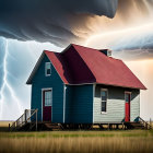 Small Blue House with Red Roof in Stormy Sky