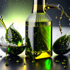 Metallic containers with olive oil and olives in dynamic liquid motion