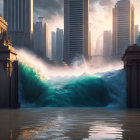 Digital artwork: Sunset tidal wave over cityscape