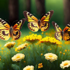 Yellow Butterflies Fluttering Over Blooming Flowers in Forest